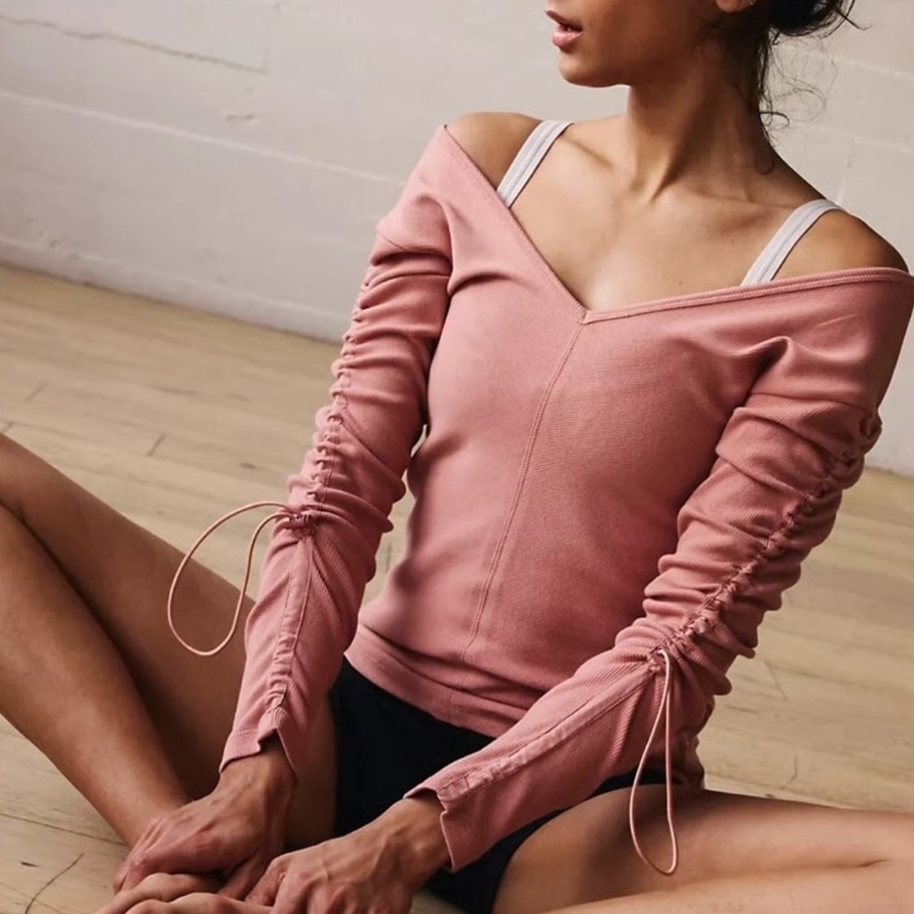 Free People Movement Going the Distance V-Neck Drawstring Long Sleeve Pink Top S